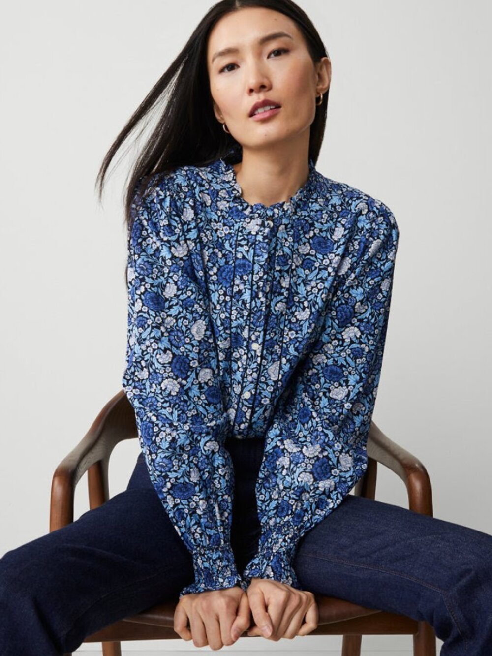 Ann Taylor Floral Cutout Smocked Cuff Blouse